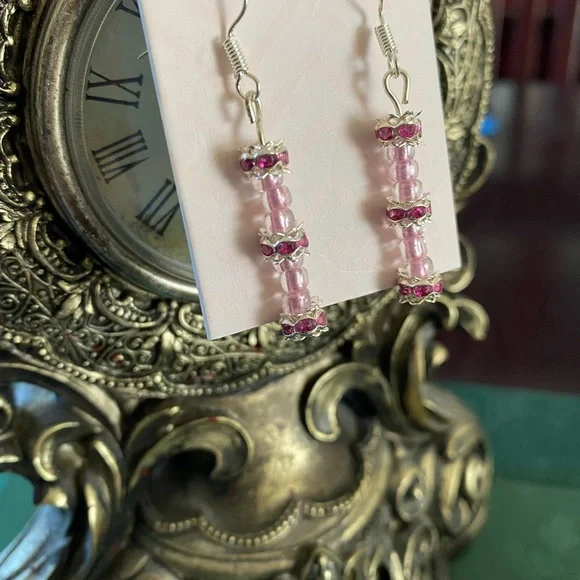 Pink Rhinestone Handmade Earrings - Picture 2 of 3